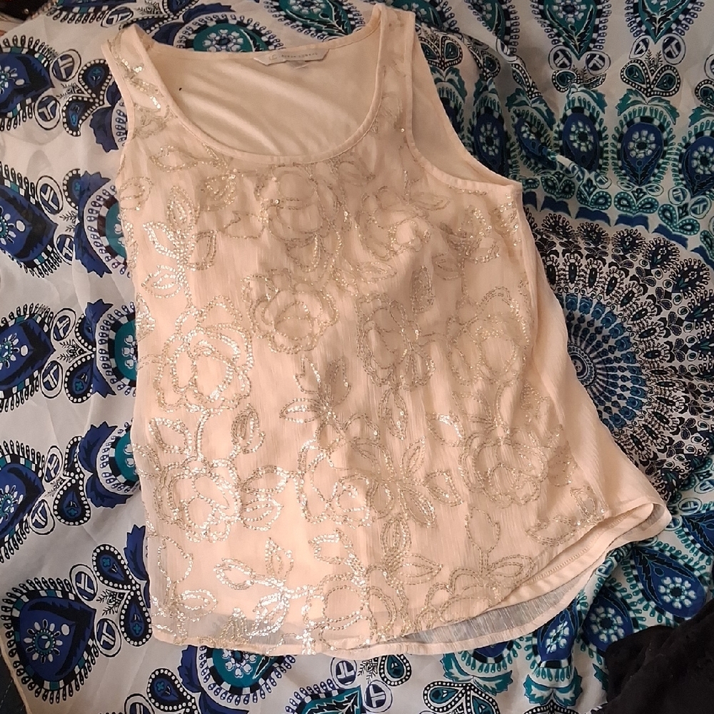 LC Lauren Conrad Cream Tank Top with Metallic Floral Embellishment